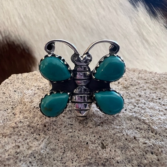 ❤️ Kingman Turquoise Statement Sterling Navajo Butterfly Bee Size 6 Ring 6 Grams - Picture 3 of 17